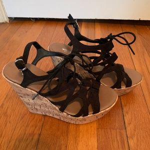 Black Tie Up Cork Wedges